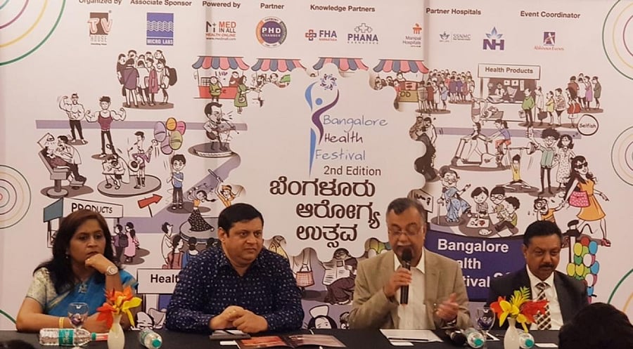 (From left) Dr Shanthala of Bangalore Health Festival; program festival director Deepak Thimaya; president, Manipal Hospital H Sudarshan Ballal; and Nagendra Swamy of Bangalore Health Festival address a press meet ahead of the event.