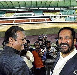 Routine Checks: IOA president Suresh Kalmadi (right) and Union Minister for Tourism Subodh Kant Sahay inspect the Birsa Munda stadium ahead of National Games on Monday. PTI
