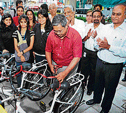 A file photo of BMRCL Managing Director Sivasailam inaugurating the new bicycle stand at MG Road Metro station.