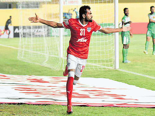 Ecstatic: Bengaluru FC's CK Vineeth celebrates after scoring the opener against Salgaocar in an I-League match on Saturday. BFC Media