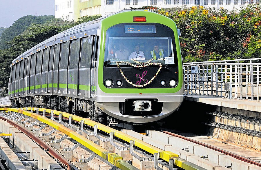 A train being brought to the National College Metro station from the down ramp connecting the KR Market Metro station, on Sunday. DH Photo