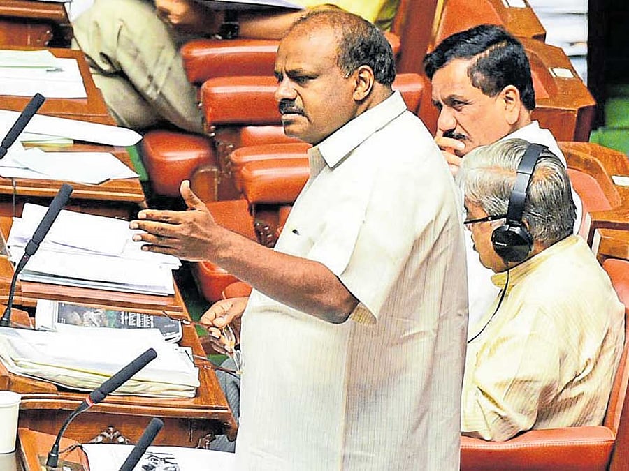 JD(S) state president H D Kumaraswamy speaks during a discussion in the Legislative Assembly on Friday. dh photo
