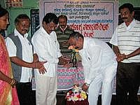 Zilla Panchayat Standing Committee on Social Justice Head S N Rajarao inaugurating free health camp for the tribal families in Ashrama School at Yadavanadu in Somwarpet taluk.