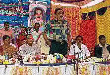 turmoil Congress leader and former union minister Ambareesh speaking at a programme, in Mandya on Sunday. DH Photo