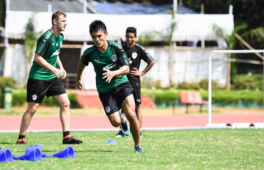 Bengaluru FC skipper Sunil Chhetri trains ahead of his side's Super Cup semifinal against Mohun Bagan. BFC MEDIA