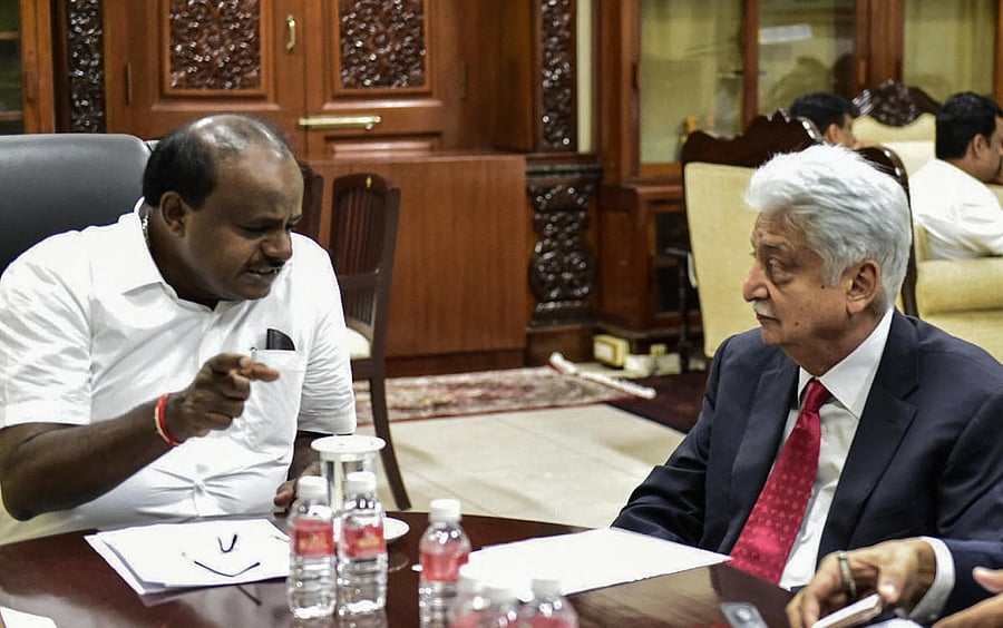 Chife Minister H D Kumaraswamy met Wipro Chairman Azim Premji, at Vidhana Soudha in Bengaluru on Tuesday