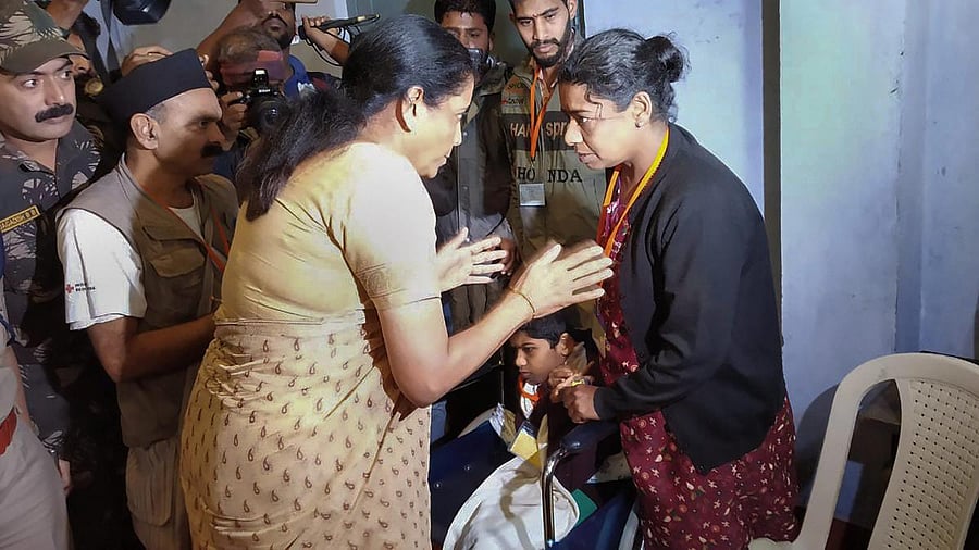 Defence Minister Nirmala Sitharaman visits the flood-affected areas to review situations, in Kodagu on Friday, Aug 24, 2018. (PTI Photo)