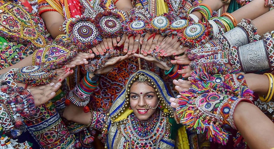 Dancers dressed in traditional attire during the rehearsals for the 'Garba' dance ahead of nine-day Navratri festival. PTI file photo