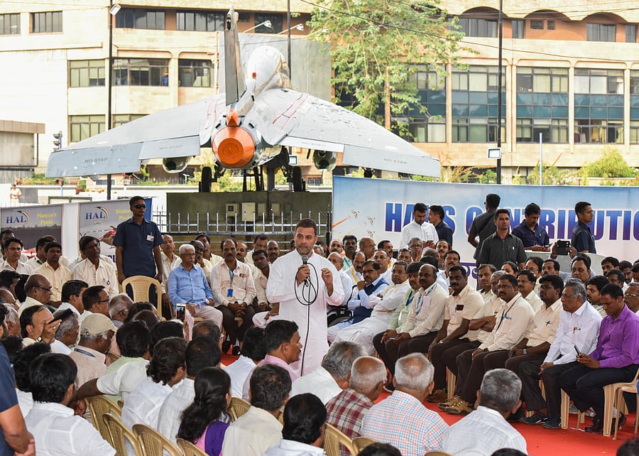 Congress president Rahul Gandhi addresses HAL workers in Bengaluru on Saturday.