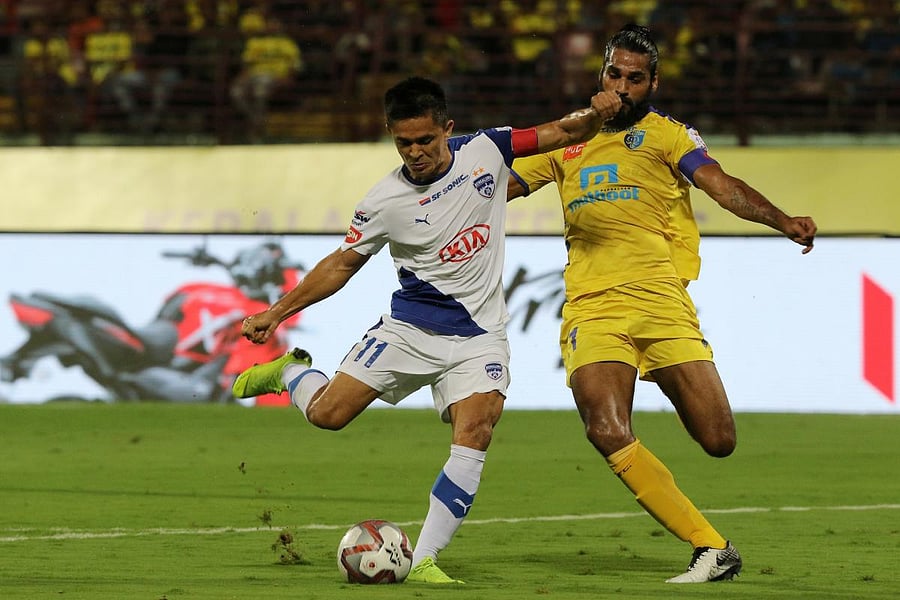 ON TARGET: Bengaluru FC's Sunil Chhetri scores his team's first goal against Kerala Blasters. BFC MEDIA.