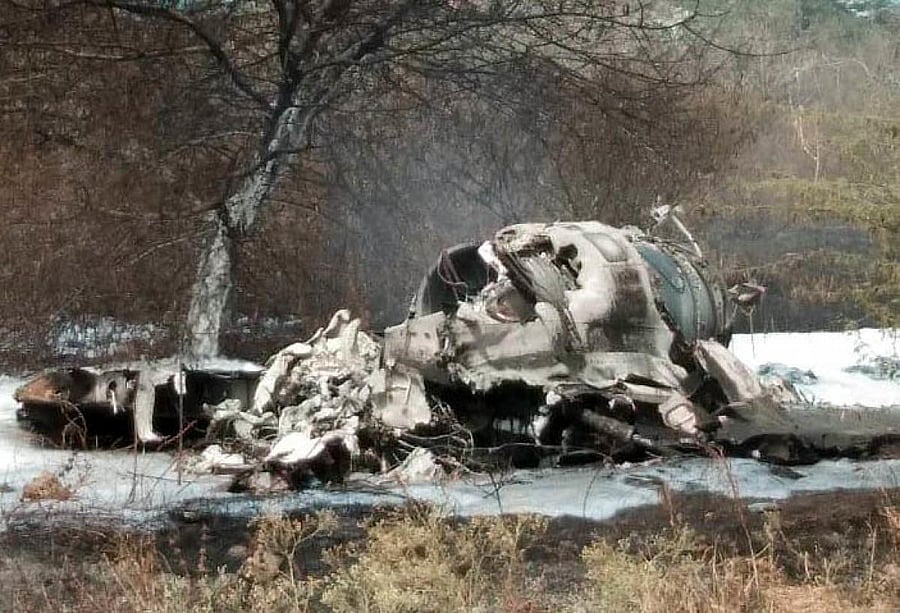 The wreckage of the Mirage-2000 fighter aircraft after it crash landed, at HAL airport runway, soon after take-off for a training sortie in Bengaluru on Friday,