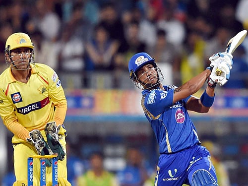 Mumbai Indians' player Lendl Simmons plays a shot during the IPL 8 first qualifier match against Chennai Super Kings in Mumbai on Tuesday. PTI Photo