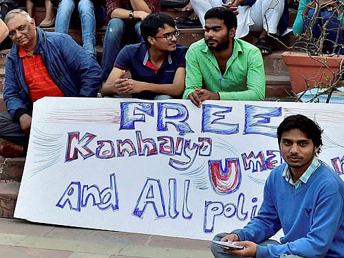 Rama Naga, one of the students charged with sedition with students agitating for the release of JNUSU President Kanhaiya Kumar and other students charged with sedition, on Jawahar Lal Nehru University campus in New Delhi on Saturday. PTI Photo.
