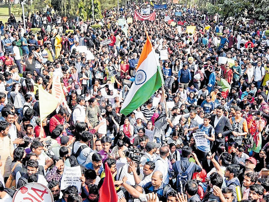 Demand for justice: Students and teachers of Delhi University, JNU and Jamia during their protest march against ABVP at North Campus in New Delhi on Tuesday. PTI