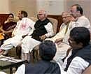 NDA leaders during a meeting in New Delhi on Sunday to chalk out the strategy for Monday's Bharat Bandh. PTI