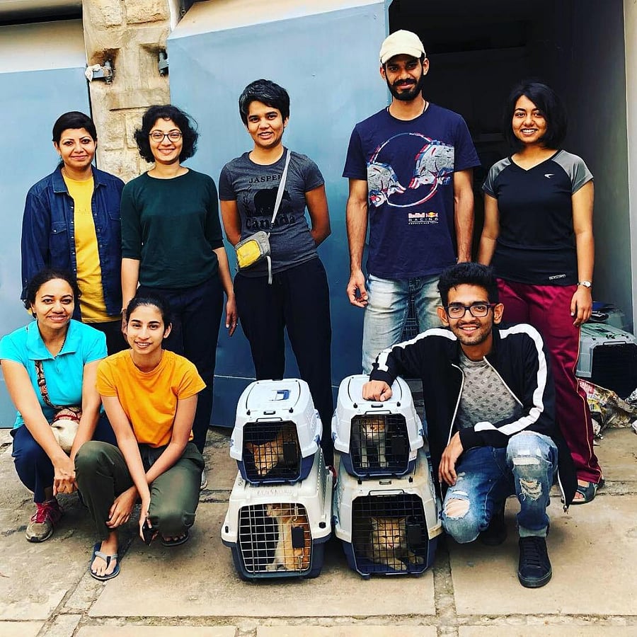Arjun (sitting, right) with residents of Jal Vayu Vihar. The group managed to trap, neuter and release many cats.