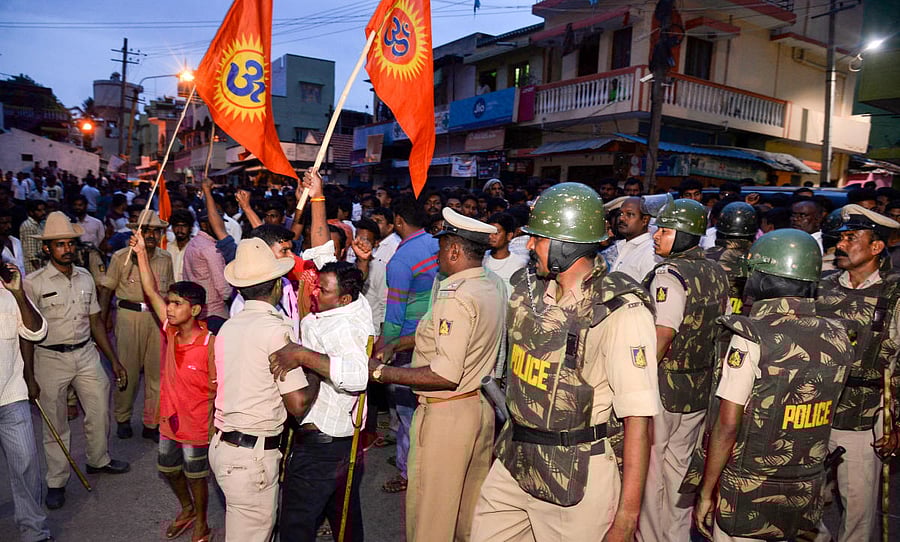 A police inspector and seven constables were injured during a group clash that broke out in the communally sensitive Kyatamaranahalli area in the city on Friday. 