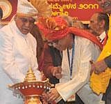 Infosys Chairman NR Narayana Murthy inaugurates World Kannada Conference at Dist Stadium in Belgaum on Friday. CM BS Yeddyurappa is seen .KPN