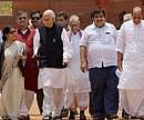 Senior BJP leader Lal Krishna Advani along with other top NDA leaders coming out after submitting a memorandum to President Pratibha Patil regarding the police crack-down on yoga guru Baba Ramdev and his supporters, at the Rashtrapati Bhavan in New on Monday. PTI
