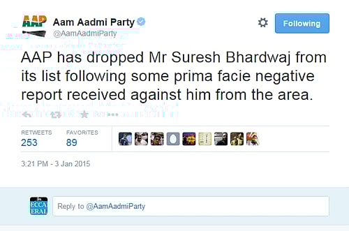 AAP dropped Suresh Bhardwaj as a large section of the supporters expressed their "displeasure" over the decision. Photo: Screenshot of the tweet