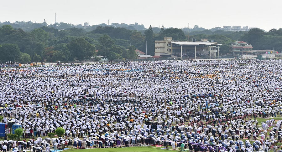 A large number of people perform Yoga on Mysore Race Course, in Mysuru, on June 21. (File Photo)