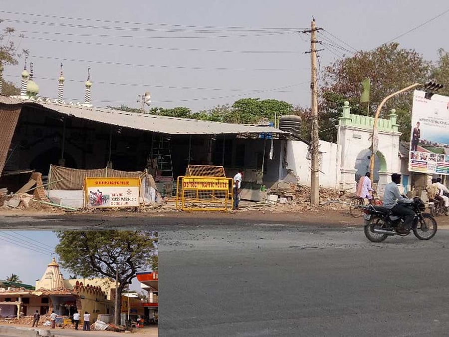 A Rama mandir (insert) and a masjid have been simultaneously evicted to make way for the widening of the state highway 167 in Raichur city. DH Photo