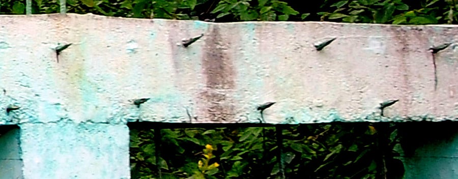 Sharp iron rods fixed to cement pillars to prevent jumbos from straying into villages.