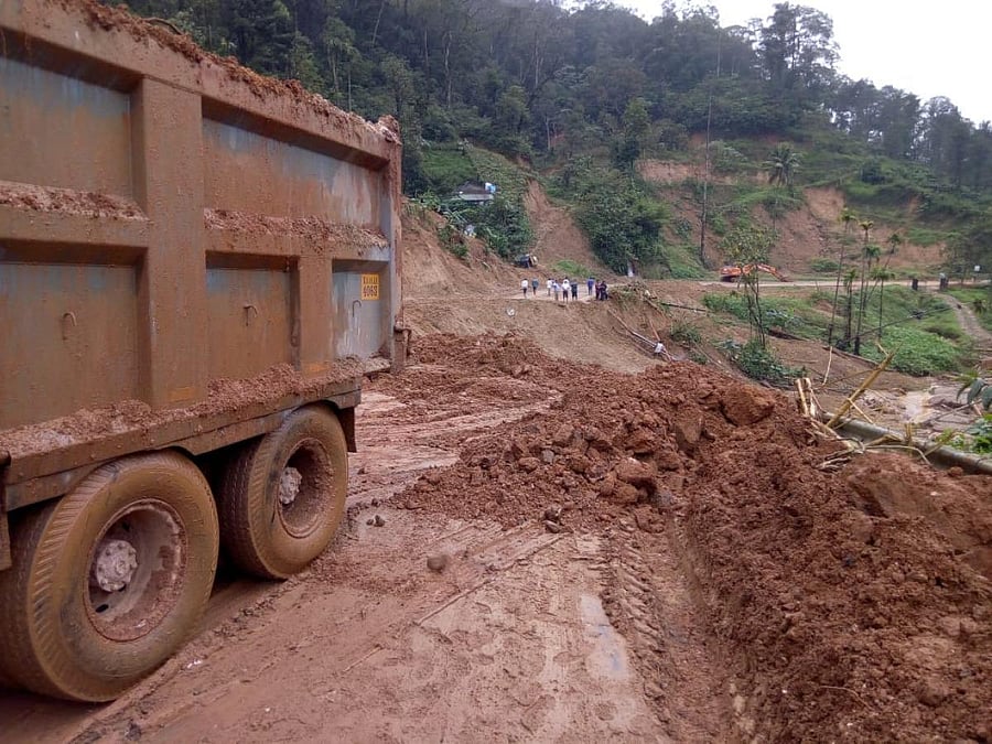 The repair work on Mani-Mysuru highway is in progress. DH PHOTO