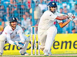 Ashwin plays a shot during Day four of the third Test Match against England at Eden Gardens in Kolkata on Saturday. PTI
