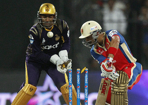 Virat Kohli captain of the Royal Challengers Bangalore loses his wicket during their IPL 7 match against Kolkata Knight Riders in Sharjah on Thursday. PTI Photo/BCCI