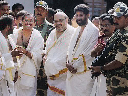 BJP president Amit Shah after visiting Sree Padmanabhaswamy temple in Thiruvananthapuram on Monday. PTI Photo