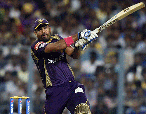 Yusuf Pathan plays a shot during the IPL match aganist Delhi Daredevils at Eden Garden in Kolkata on Thursday. PTI Photo