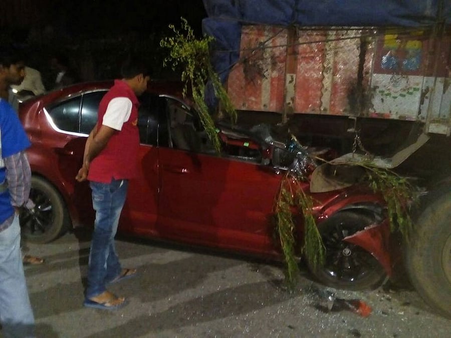 Bharath was killed on the spot when his car collided with the lorry. Photo credit: twitter.