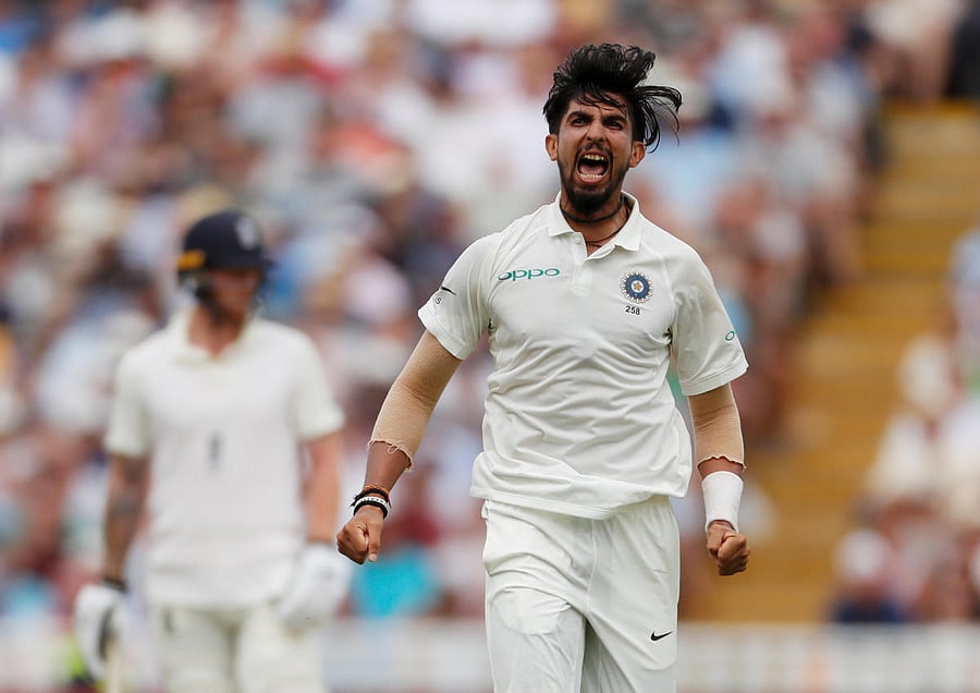 India paceman Ishant Sharma celebrates after dismissing England's Jonny Bairstow in the second innings of the first Test at Edgbaston on Friday. Reuters
