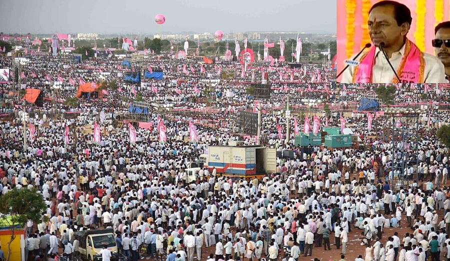 Telangana Chief Minister K Chandrasekhar Rao (inset) addresses the public at Pragati Nivedana Sabha in Kongarkalan, Telangana, on Sunday. PTI