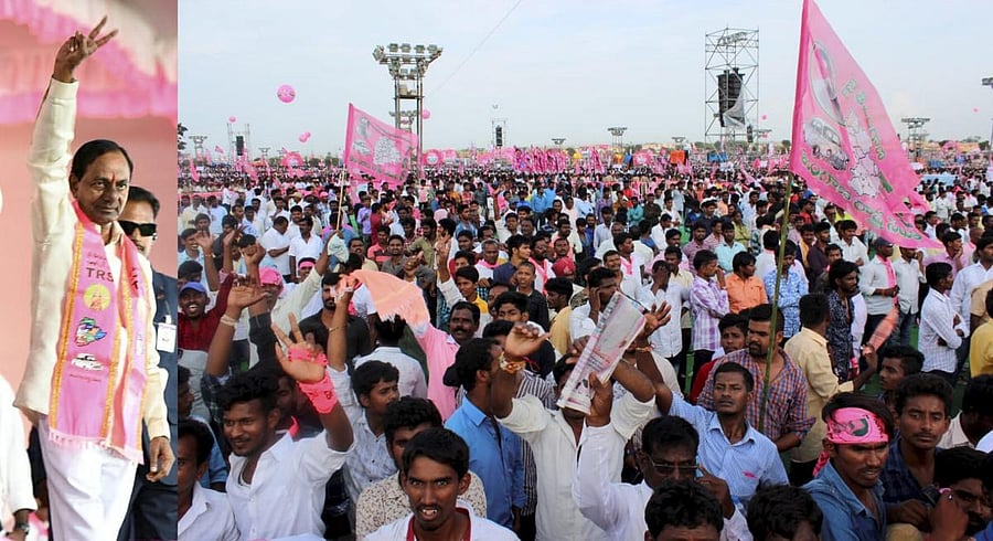 Telangana Chief Minister K Chandrasekhar Rao (L) shows victory sign at a rally in Kongara Kalan. (PTI File Photo)