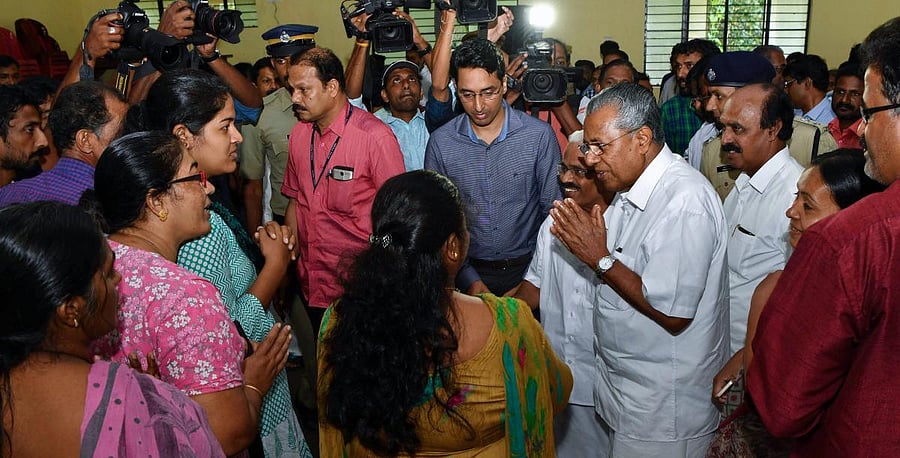 Kerala Chief Minister Pinarayi Vijayan during a visit to a relief camp at Kozhencherry, in Pathanamthitta on Thursday. PTI