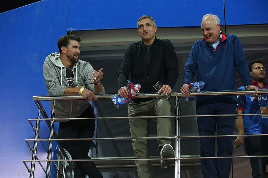 Swimming great Michael Phelps (left) watches the Delhi Capitals vs Chennai Super Kings game at the Feroz Shah Kotla on Tuesday. BCCI