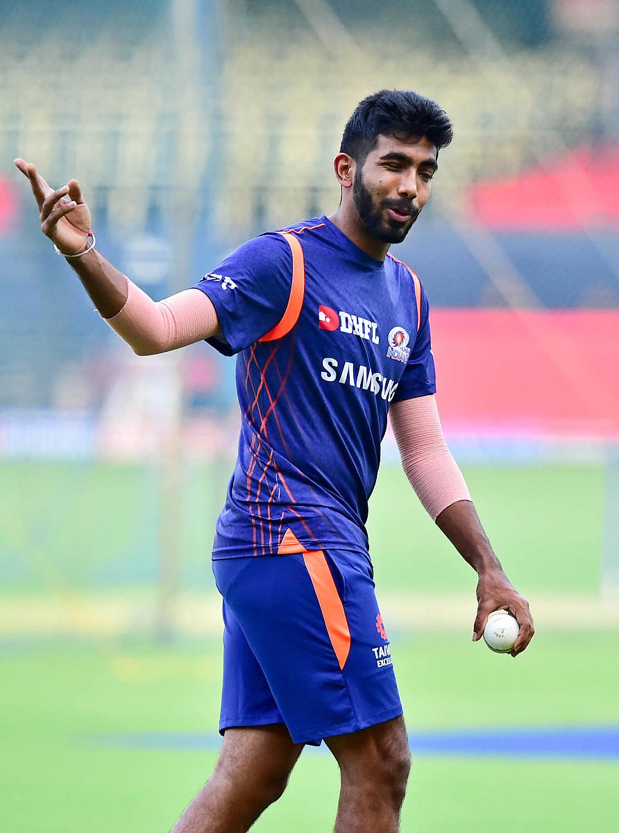 Mumbai Indians' Jasprit Bumrah during a training session at the Chinnaswamy stadium on Wednesday. DH PHOTO/KRISHNAKUMAR PS