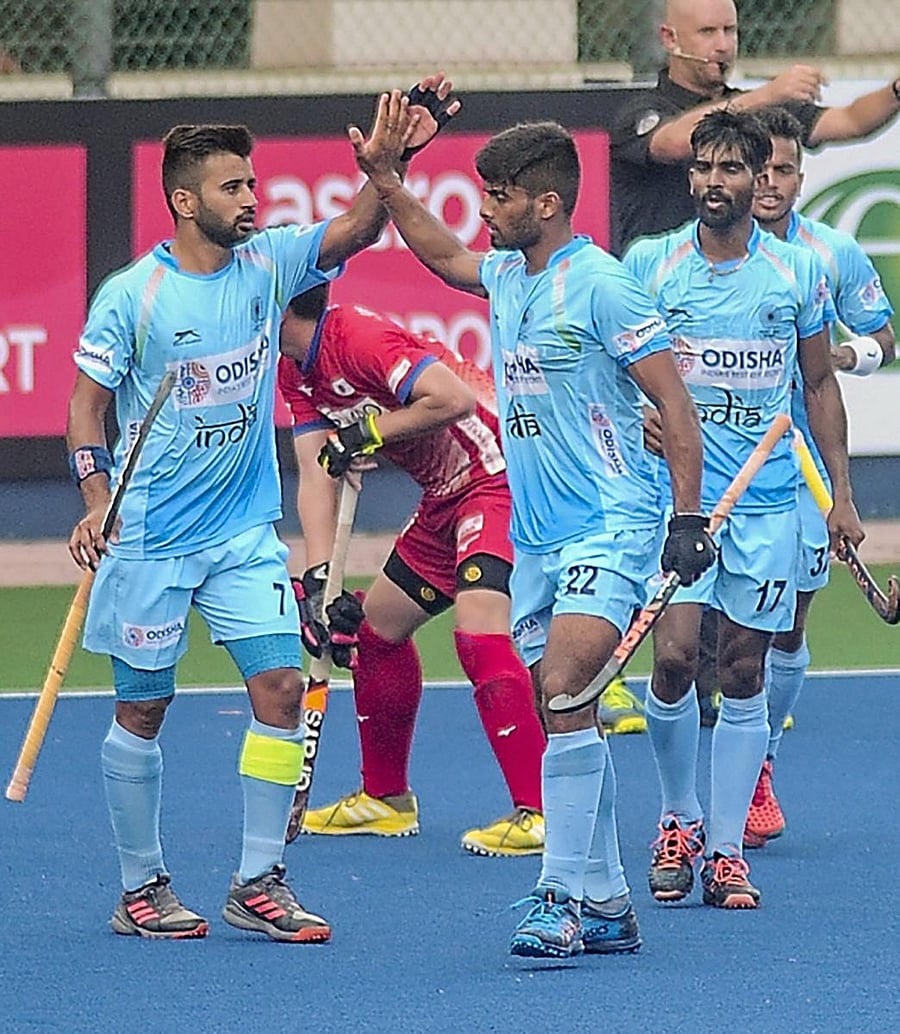 Varun Kumar (right) struck a brace as India trounced Poland 10-0 in the Sultan Azlan Shah Cup on Friday. PTI FILE PHOTO