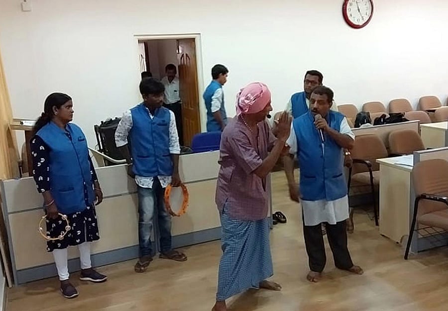 Artistes rehearse for a street play in Udupi.