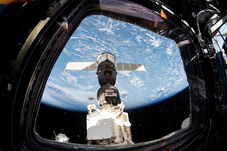 This NASA photo obtained March 19, 2019 shows the Soyuz MS-12 spacecraft that launched three new Expedition 59-60 crew members to the International Space Station as it docked to the Rassvet module on March 15, 2019. - Cosmonaut Alexey Ovchinin from Roscos