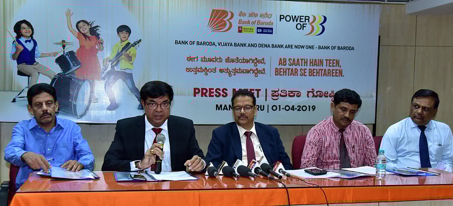 Bank of Baroda DGM Lalit Tyagi speaks to mediapersons in Mangaluru on Monday.