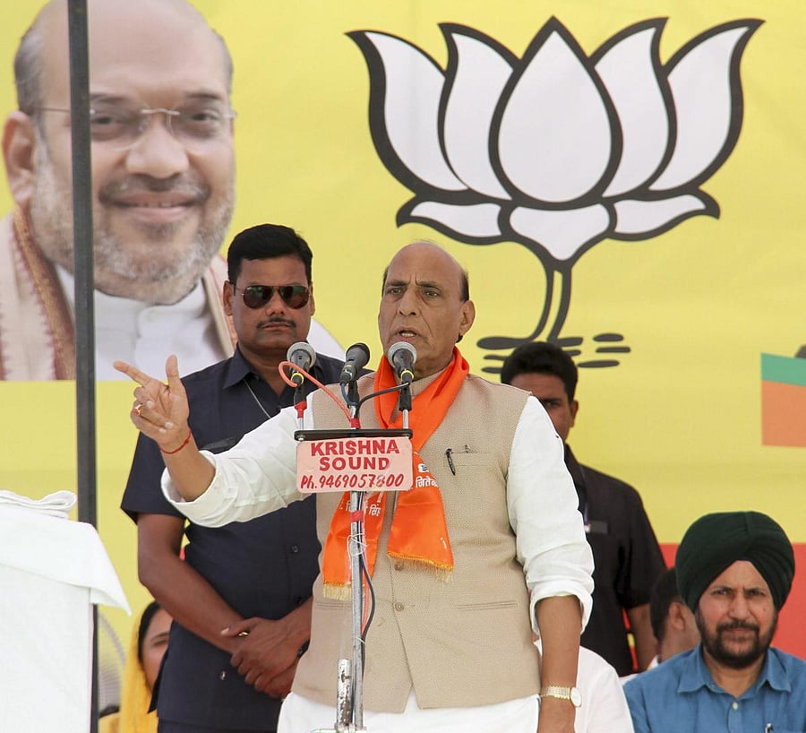 Union Home Minister Rajnath Singh during an election rally, ahead of the Lok Sabha polls, at Suchetgarh, Jammu, Monday, April 8, 2019. (PTI Photo)