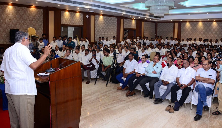 MLA S Suresh Kumar speaks at an interaction with advocates organised by BJP in Mangaluru on Tuesday.