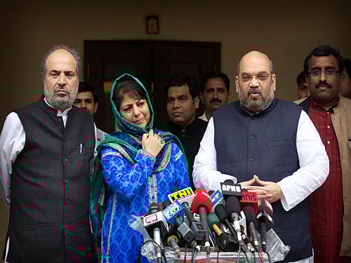 PDP leader Mehbooba Mufti and BJP hief Amit Shah. PTI file photo