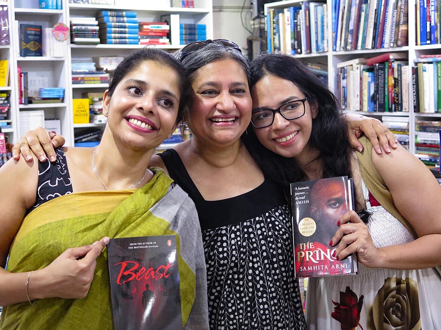 Bengaluru-based literary agent, Jayapriya Vasudevan (centre) is flanked by two of her client authors, Krishna Udaysankar (left) and Samhita Arni at a bookstore in Bengaluru on April 14, 2019. Vasudevan's literary agency represents 60 authors worldwide, including 10 authors from Bengaluru.