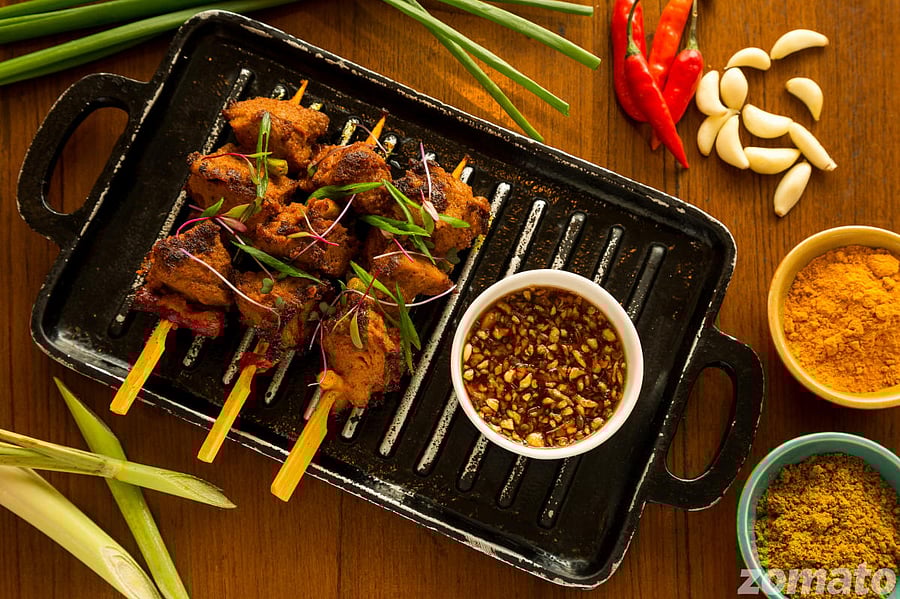 Grilled Mock Meat Skewers at Burma Burma is made from mock duck meat.