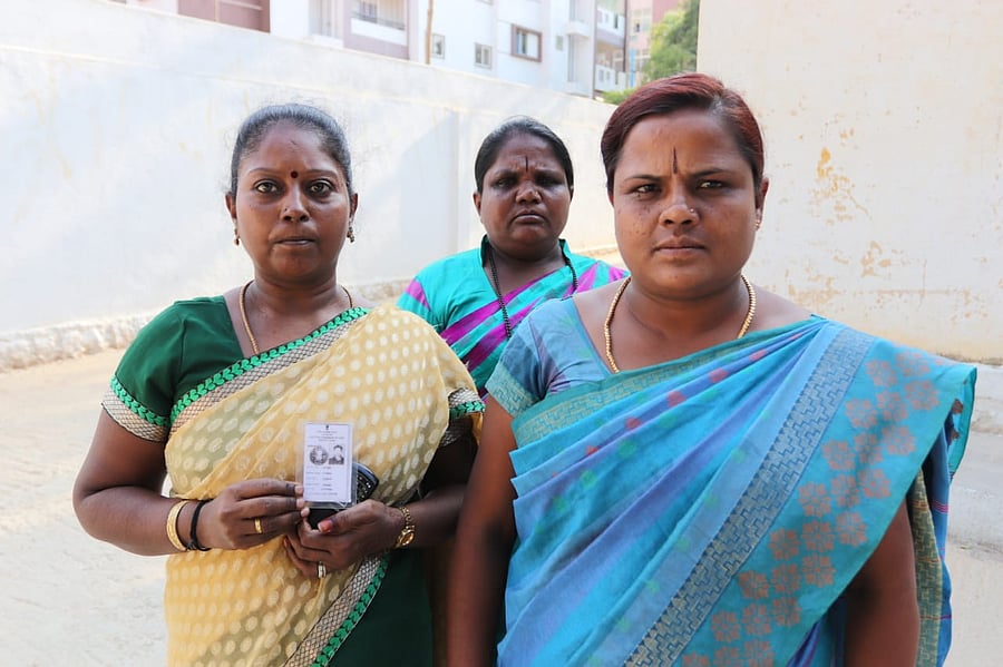 Kavita Kumar (left) and Shoba Murugesh, Dalit activist, pose at the Round Table School in Bommanhalli, shortly before they were escorted out by armed police. DH photo