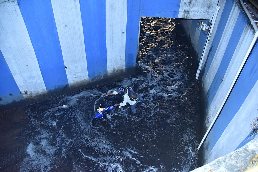 Rain water logged in Underpass near Lee Meridian hotel during the heavy rain in Bengaluru on Saturday 09th February 2019. Photo by Janardhan B K